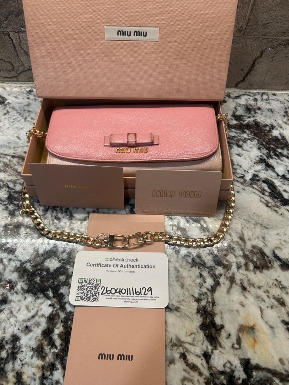 Miu Miu Pink Leather Chain Crossbody with Gold Hardware and Bow Accent COA